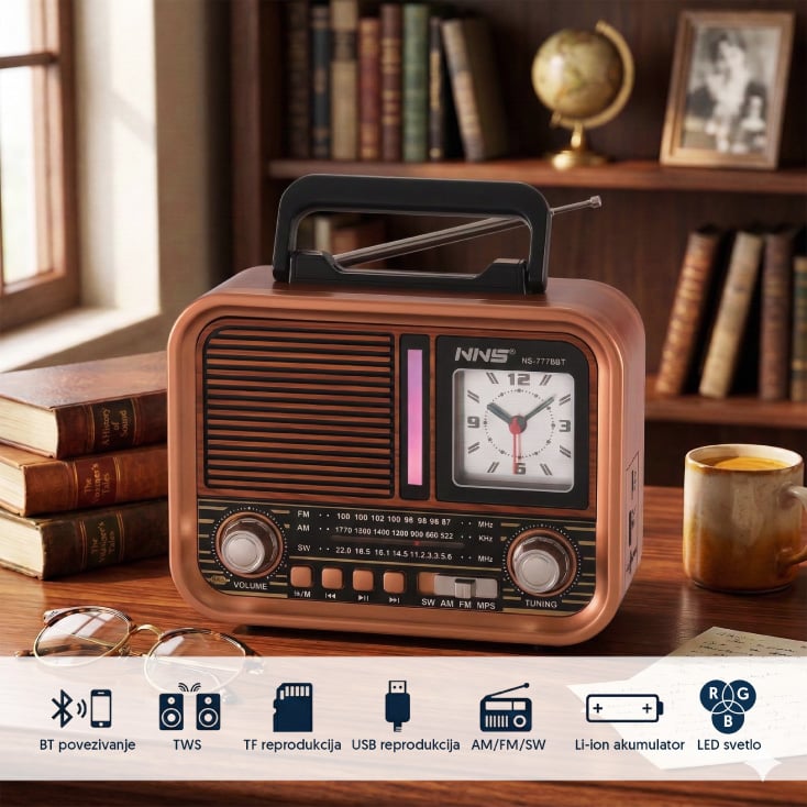 Prenosni retro RGB Bluetooth radio + sat 7778BT/B