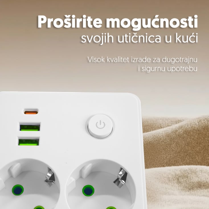 Strujni razdelnik 2 utič. + prekidač, 2xUSB+tip C