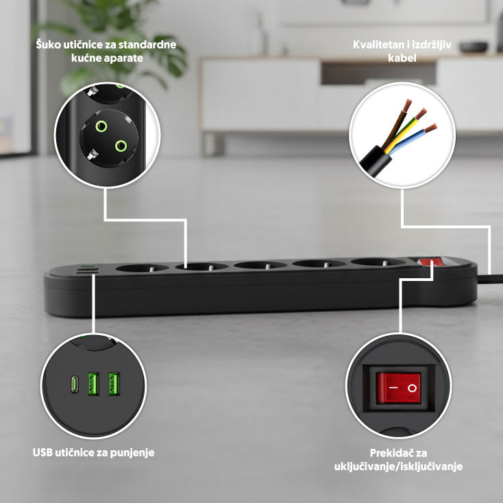 Razvodnik sa 5 mesta 2m 1.5mm2+pr. 2xUSB+tip C
