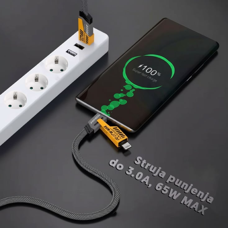 USB kabel 4u1, USB-A/USB-C/Lightning,PD65W