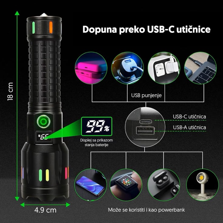 Punjiva LED baterijska lampa sa displejem